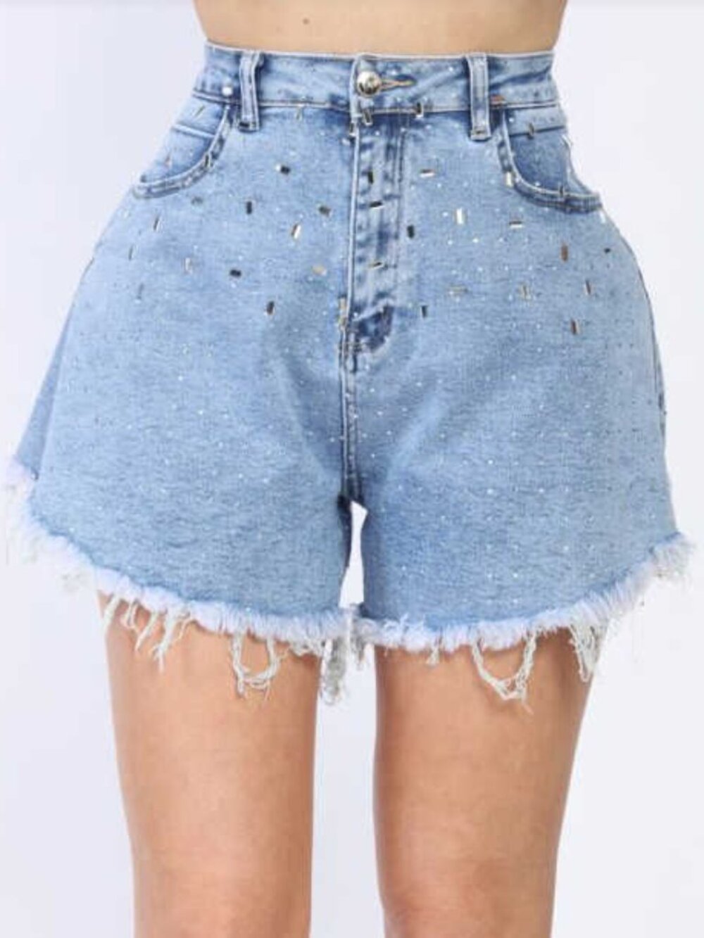 High-shine Crystal Denim Shorts